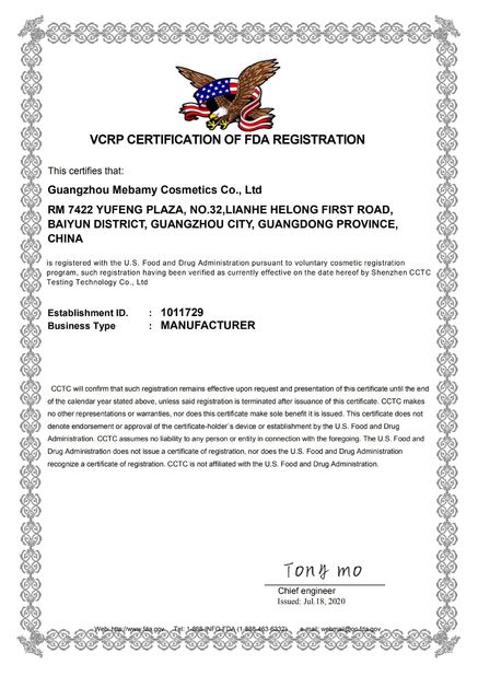 Chiny Guangzhou Mebamy Cosmetics Co., Ltd Certyfikaty